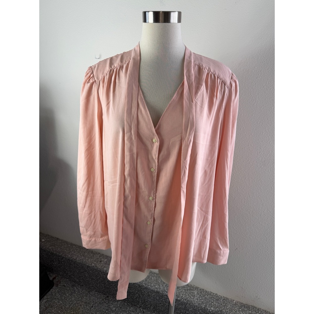Ann Taylor Womens XL Pink Tie Neck Button Front Blouse Long Sleeve Shirt Top